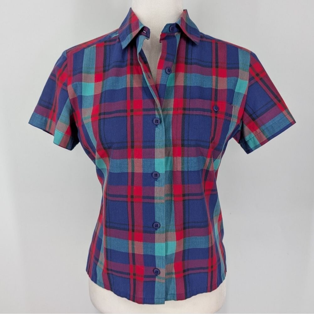 Pendleton Country Sophisticates Vintage Blue Plaid Button Short Sleeve Shirt 6